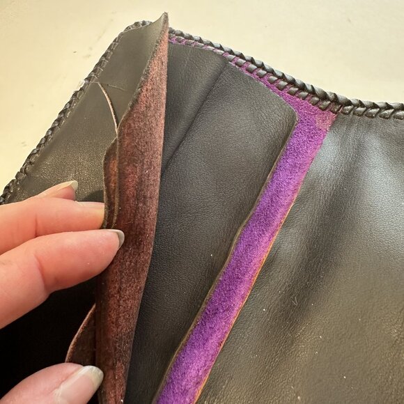 Vtg Tooled Leather Wallet Womens Floral Design & Purple Lining Handmade Western - Picture 5 of 6